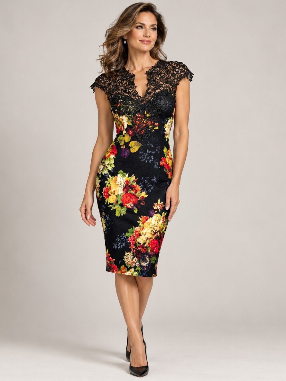Joseph Ribkoff Floral Midi Dress Size 4 Lace Neckline EUC